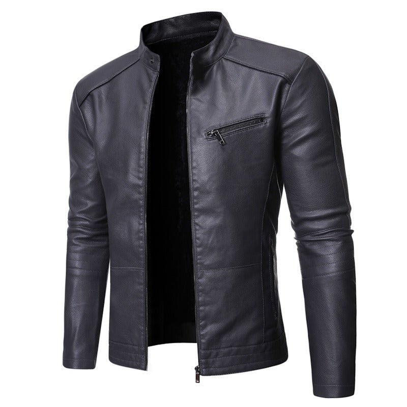 Winter Herren Motorrad Lederjacke Stehkragen Ledermantel 