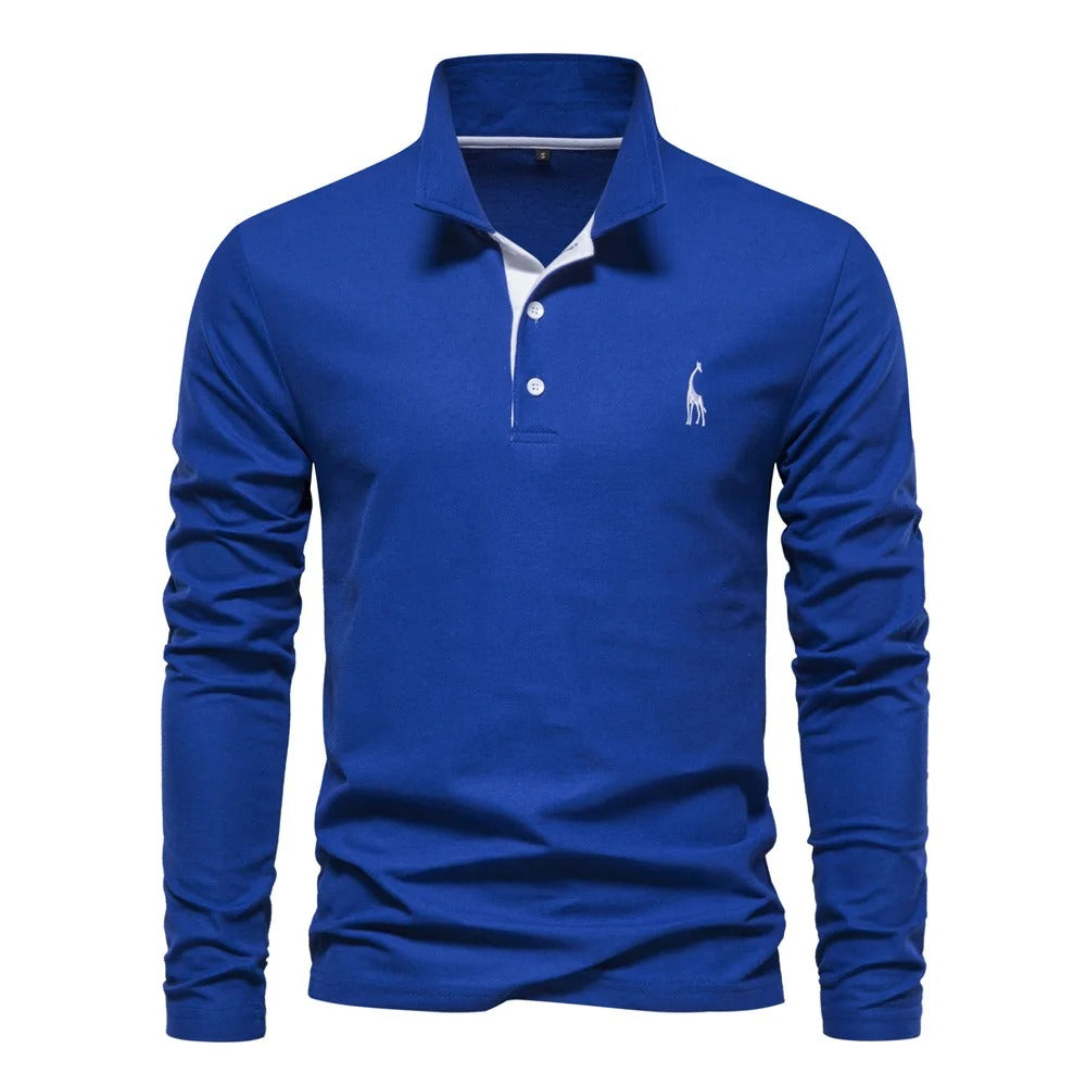 Herren Poloshirt aus Baumwolle, modisch, lässig, langärmelig, mit Hirsch-Stickerei-Design, T-Shirt für Männer | T12 