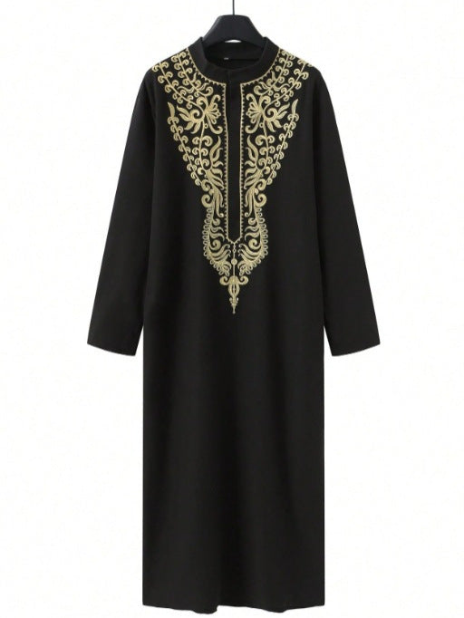 Men's Ethnic Embroidered Robe Long Sleeve Muslim Arabian Thobe with Standing Collar | 524859