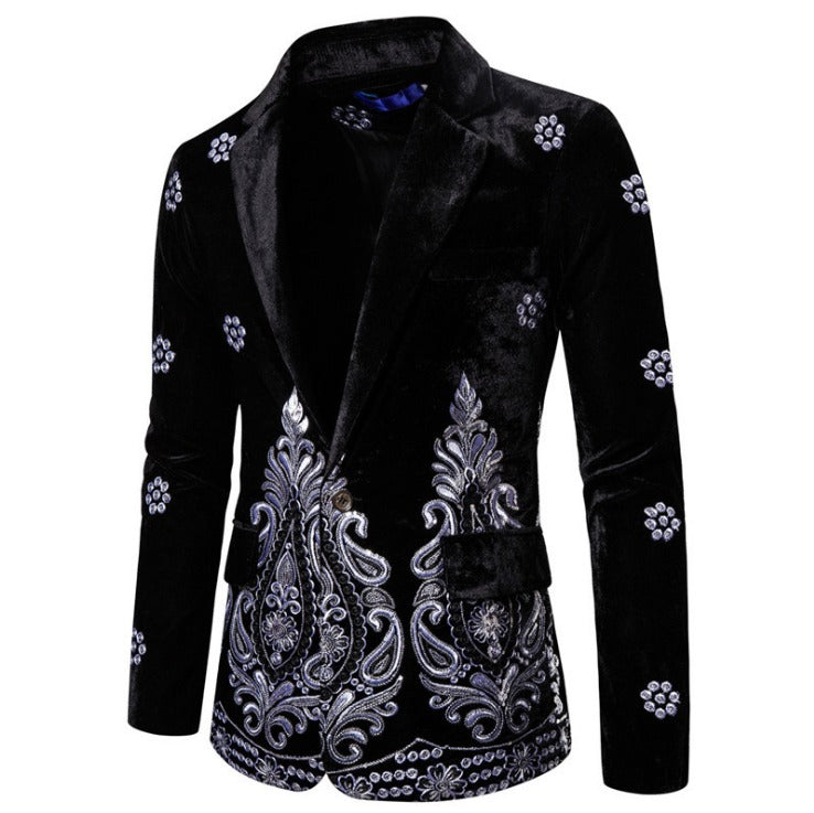 Luxus-Blazer für Herren, Samt, mit Goldfaden bestickt, Hochzeitsanzug, Nachtclub, Party, Kostüm, Mäntel | X1009 