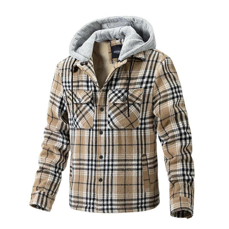 Hochwertige Winterjacke für Herren, karierte Wolle, schweres Übergrößenhemd, karierter Kapuzenmantel, Oversize-Oberteil | 88027 