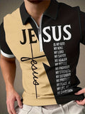 Lässiger „JESUS“-Musterdruck, kurzärmlige Hemden mit Reißverschluss, Reverskragen, Oberteile, Pullover | POLO46-50 