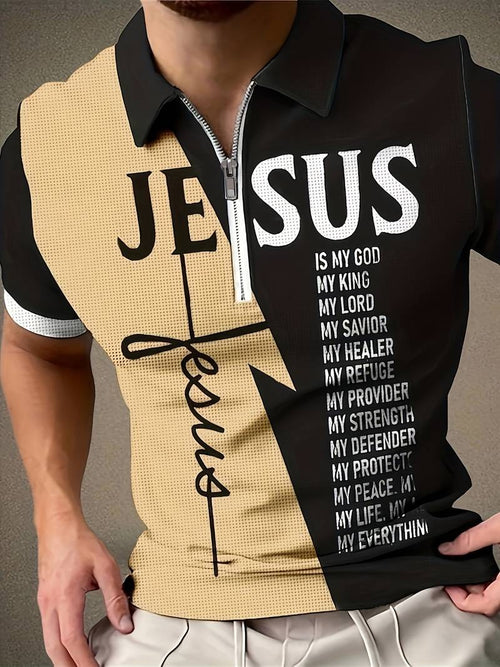 Lässiger „JESUS“-Musterdruck, kurzärmlige Hemden mit Reißverschluss, Reverskragen, Oberteile, Pullover | POLO46-50 