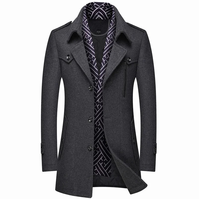 Men's Thickened Wool Windbreaker Coat Scarf Collar Medium-Long Jacket for Winter Warmth | 1906