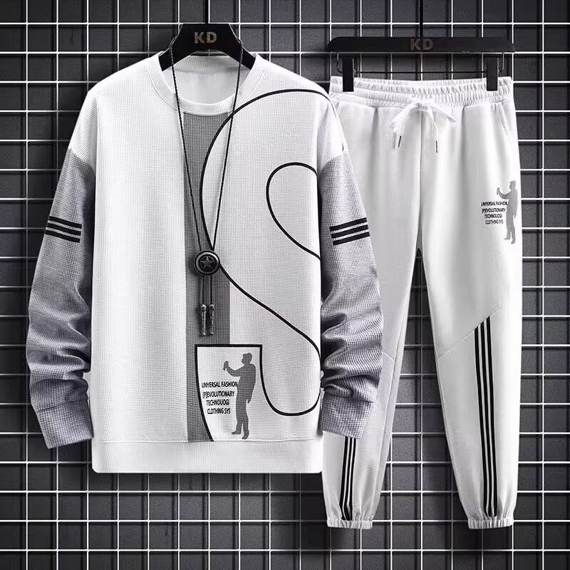 Polo-Langarmshirt mit Hose, Golf-Poloshirt, Pullover-Set, lässiges Waffel-Oberteil mit Rundhalsausschnitt für Herren 