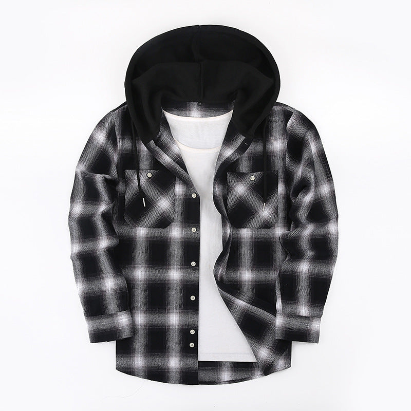 Chic Color Block Men's Plaid Pattern Hooded Long Sleeve Shirt Jacket With Drawstring And Pocket Spring Fall Outwear