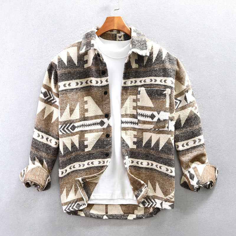 Herren Vintage Loose Fit Ethnic Aztec Geometric Print Shirt Top Pocket Woolen Shacket Plus Size Jacke | SYG-2580 