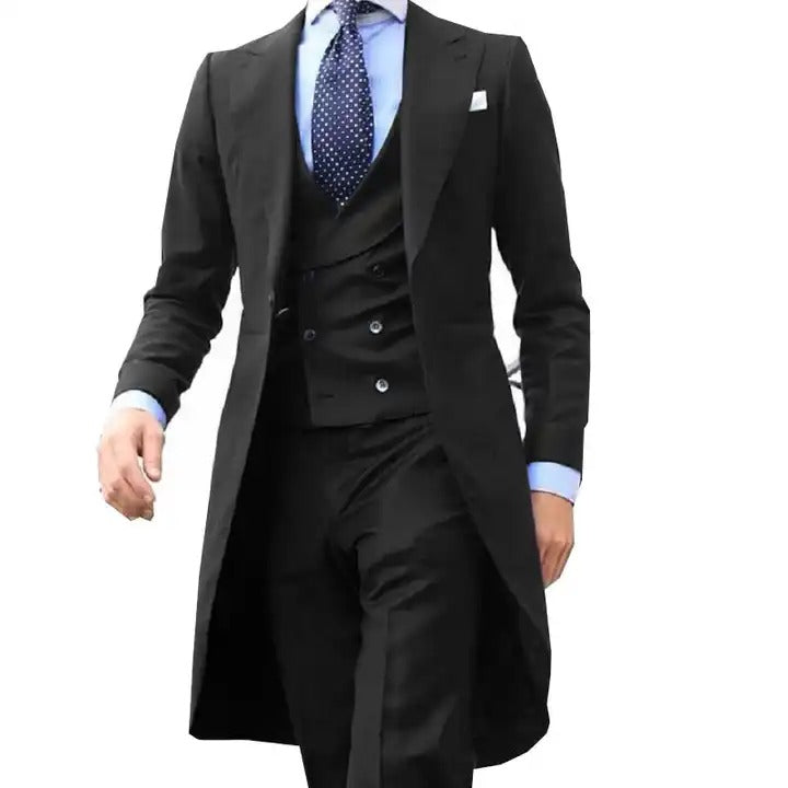 3-teiliger Herrenanzug, Smoking, langer Blazer, maßgeschneidert, handgefertigt, 3-teilig, Party-, Hochzeits- und Arbeitskleid (Blazer + Weste + Hose) | 102 