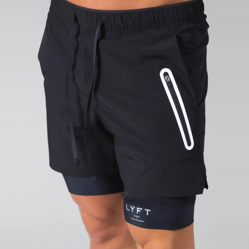 Herren Doppellagige Shorts mit Reißverschlusstasche zum Trainieren, Laufen, Fitnessstudio, Sportfutter | DK-03 