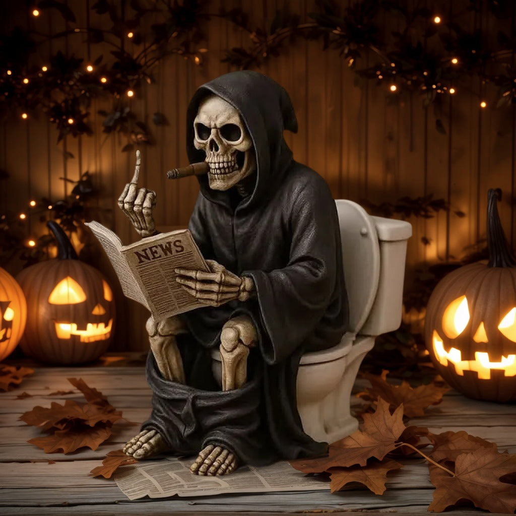 Flipping Grim Reaper Toilet Statue | Middle Finger Resin Sculpture for Halloween Décor | Funny Gothic Desk Ornament | 5622