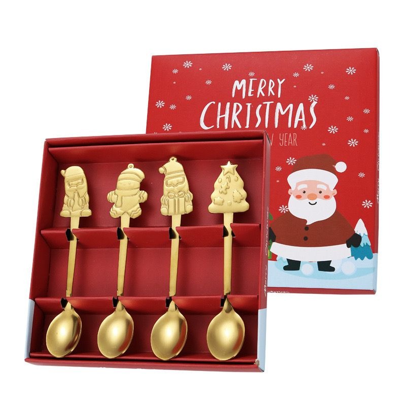 4PCS Christmas Stainless Steel Coffee & Dessert Spoons - Festive Tableware & Gift Set |