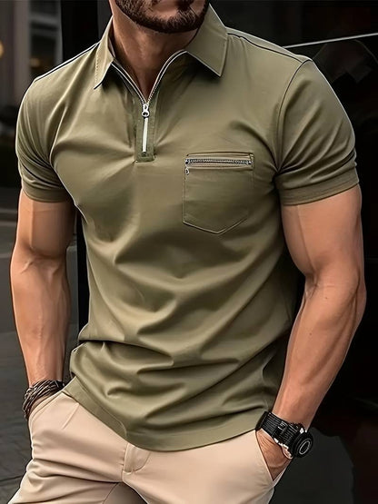 T-shirt à manches courtes et col à revers pour homme, couleur unie, décontracté, avec fermeture éclair sur le quart | FLS-4 