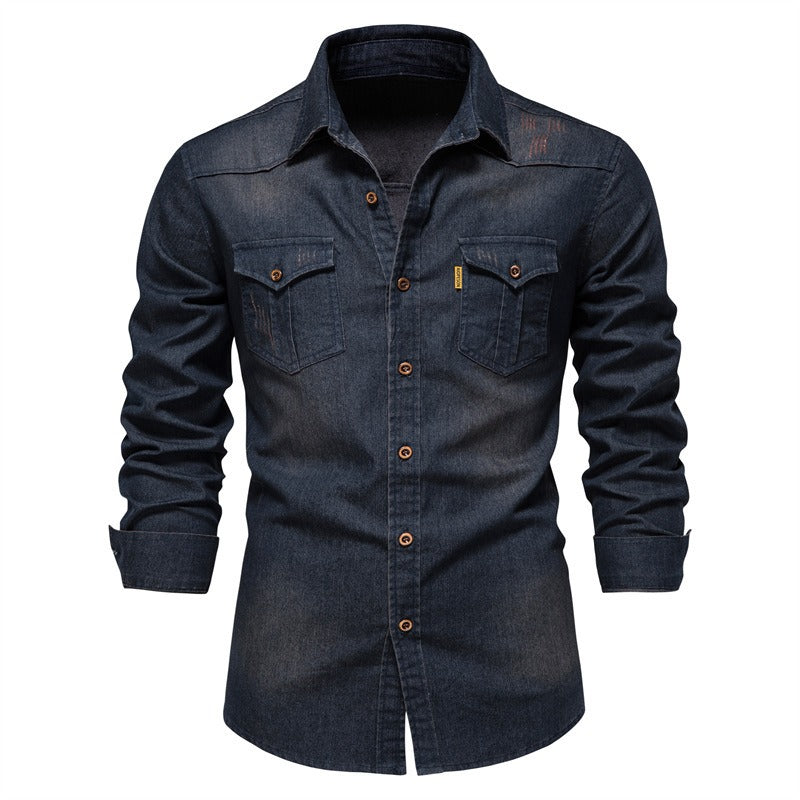 Herren Langarm Denim Bügelfreies Freizeithemd Einfarbig Baumwolle Vintage Style | 6022 