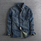 Herren Retro Heavy Distressed Denim Shirt Slim Fit Gestreiftes Langarmhemd | 8833 