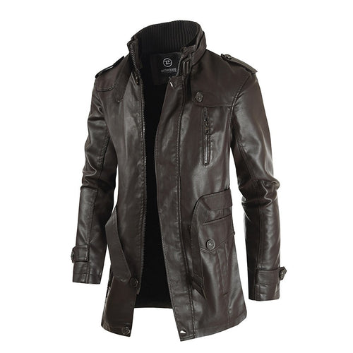 Hochwertige lässige PU-Lederjacke, wasserdicht, dick, Stehkragen, Reißverschluss, langer Mantel 