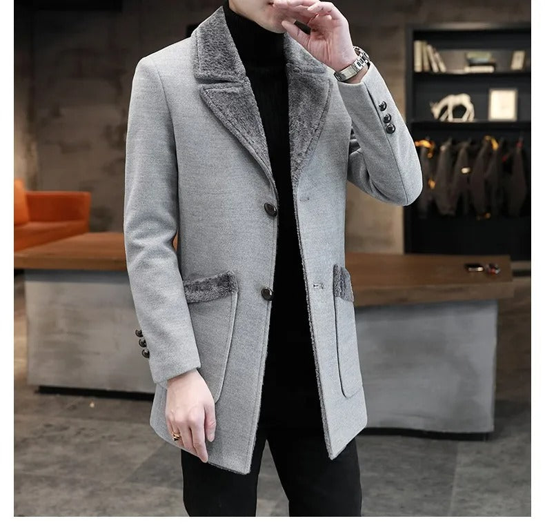 Herren Winter Trenchcoat mit Pelzkragen Slim Fit Mittellanger Mischmantel für kaltes Wetter | D-3229 