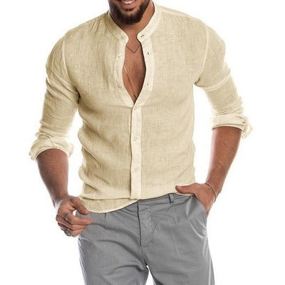 Men's Casual Shirts Solid Color Linen Long Sleeve Stand Collar Cardigan Shirt | 418