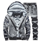 Herren Camouflage Trainingsanzug Reißverschluss Mantel Winter Dicke Fleece Kapuzenjacke + Hose Trainingsanzug 