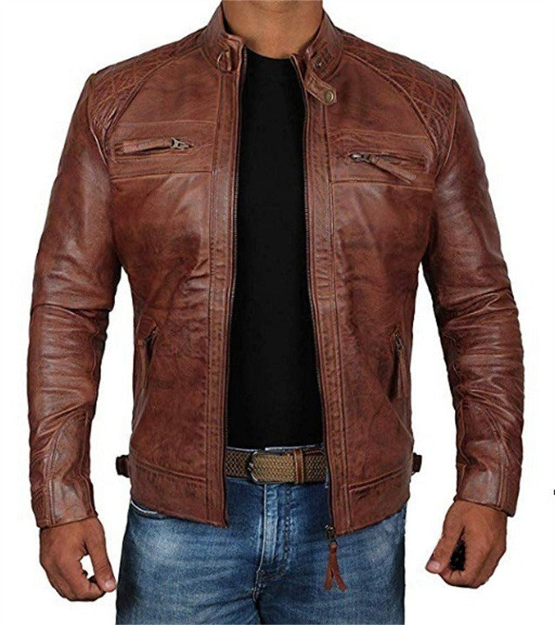 Veste en cuir d'agneau véritable vieilli à col montant pour homme | PY51 