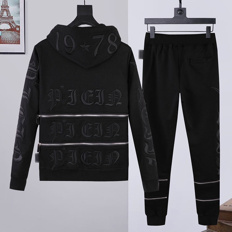 Hochwertiger Athleisure-Trainingsanzug für Herren mit Reißverschluss und Kapuze, bestickt, 2-teilig | 879 