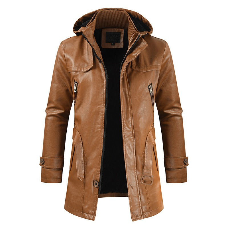 Men's Mid-Length Leather Jacket Youth PU Leather Windbreaker Jacket | XT1045