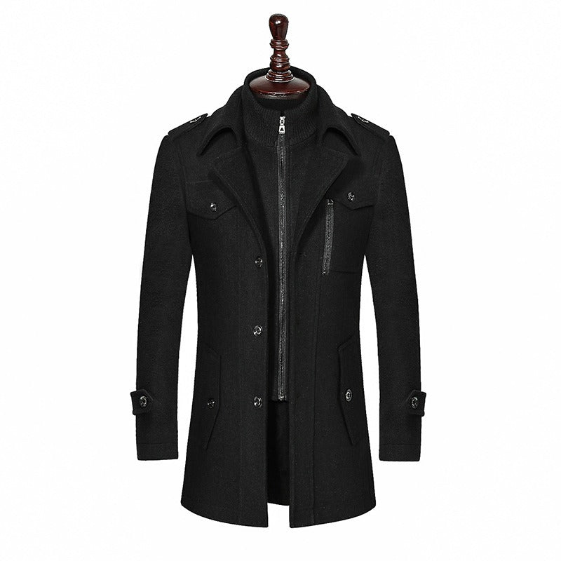 Men's Double Collar Woolen Warm Plus Size Long Coat Windproof Trench Coat | 1004