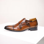 Men's Double Monk Strap Dress Shoes | Genuine Leather Business Oxfords with Height Boost | Square Toe Formal Footwear | HK5009-2