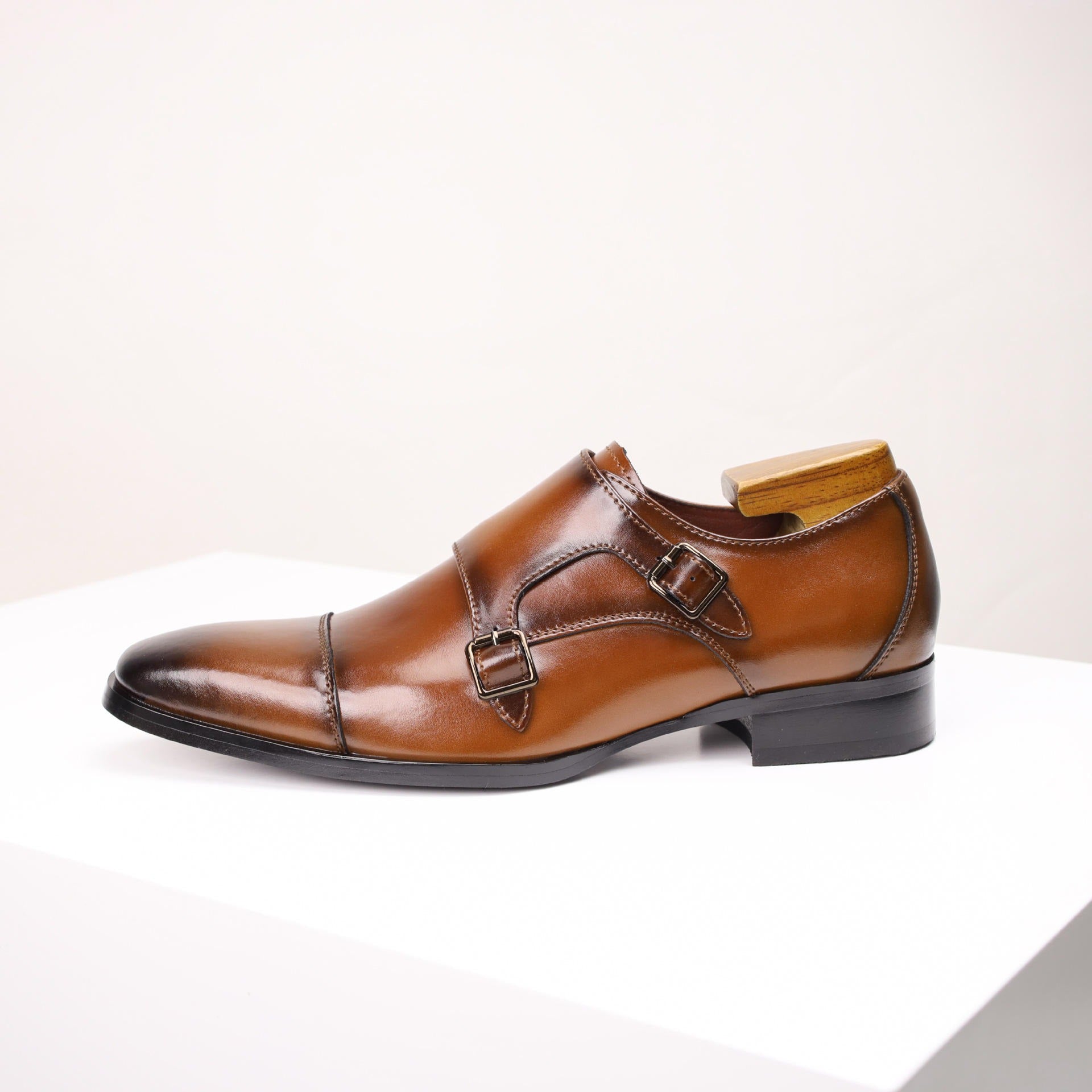 Men's Double Monk Strap Dress Shoes | Genuine Leather Business Oxfords with Height Boost | Square Toe Formal Footwear | HK5009-2