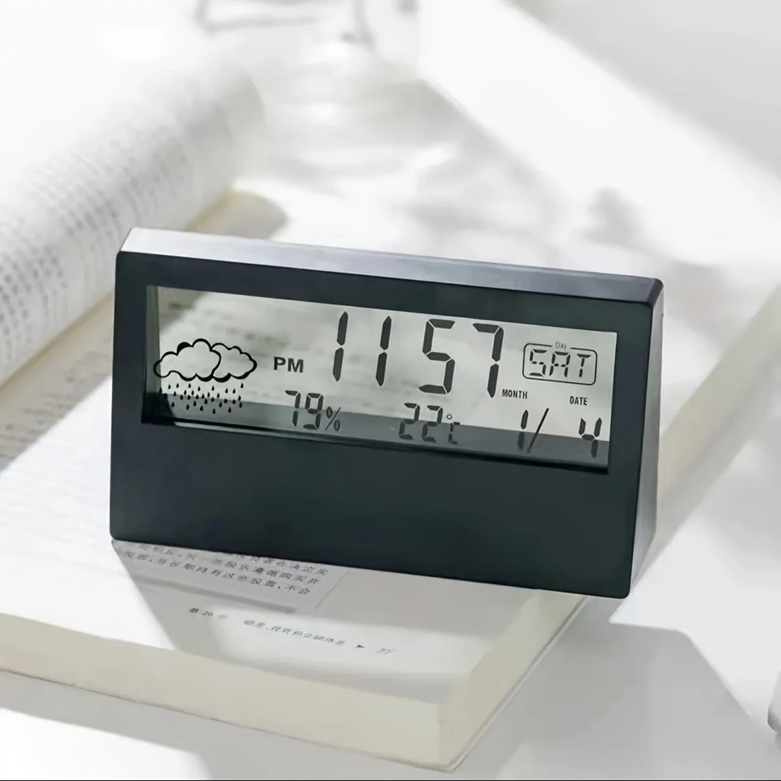 Moderne transparente LED-Digitaluhr – Temperatur und Luftfeuchtigkeit, Wettersymbole, Heim- und Bürodekor | 2158 