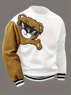 Herren-Sweatshirt mit Cartoon-Bär-Stickerei, Rundhalsausschnitt, Übergröße, Polyestergewebe, lebendiges Tiermuster, Oberteil, Freizeitkleidung, Strickstoffhemd