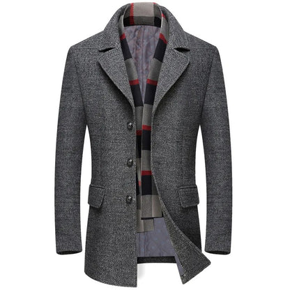 Men's Business Woolen Jacket Turn Down Collar Slim Fit Warm Mid Long Trench Overcoat