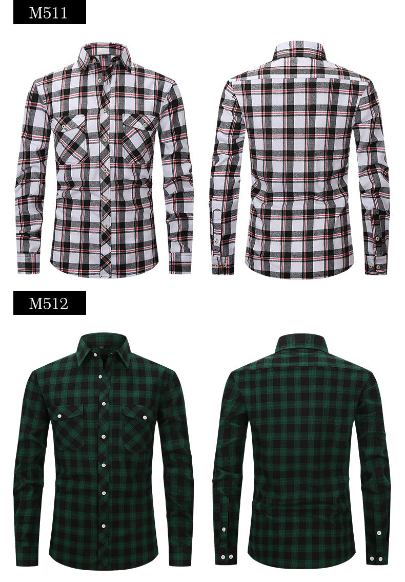 Men Slim Wear Plaid Premium Long Sleeve Double Pocket Flannel Foreign Trade Shirt | M501