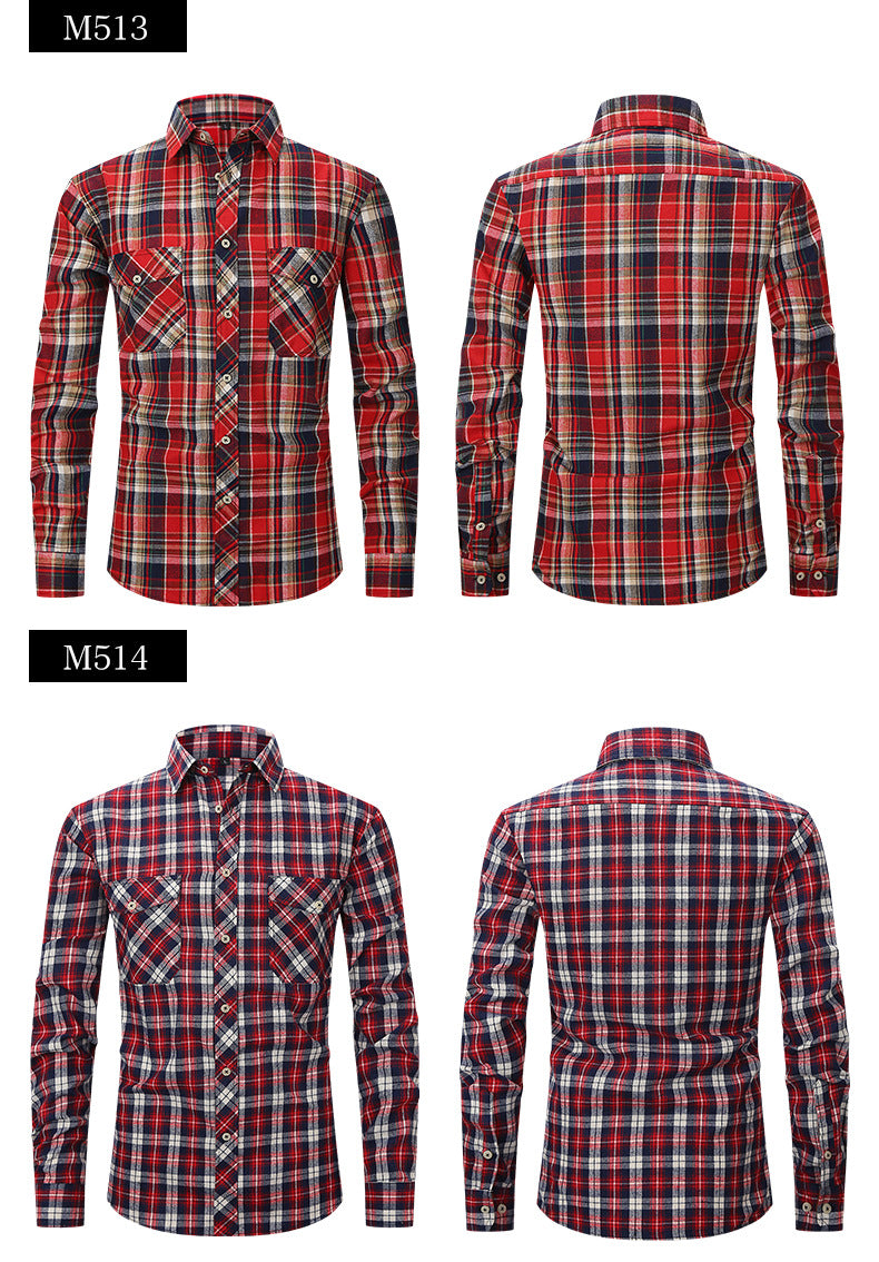 Men Slim Wear Plaid Premium Long Sleeve Double Pocket Flannel Foreign Trade Shirt | M501