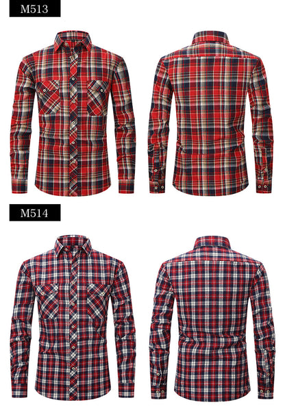 Men Slim Wear Plaid Premium Long Sleeve Double Pocket Flannel Foreign Trade Shirt | M501