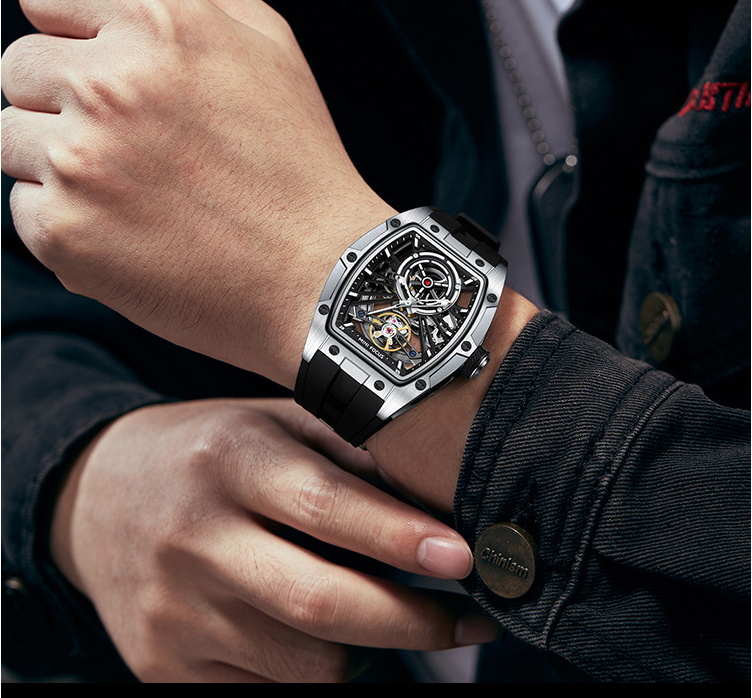 MINIFOCUS MF0603G Skeleton Automatic Watch for Men | Stainless Steel Barrel Case | Mechanical Wristwatch with Luminous Hands | MF0603G