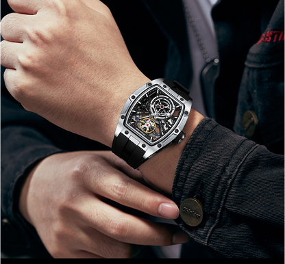 MINIFOCUS MF0603G Skeleton Automatic Watch for Men | Stainless Steel Barrel Case | Mechanical Wristwatch with Luminous Hands | MF0603G