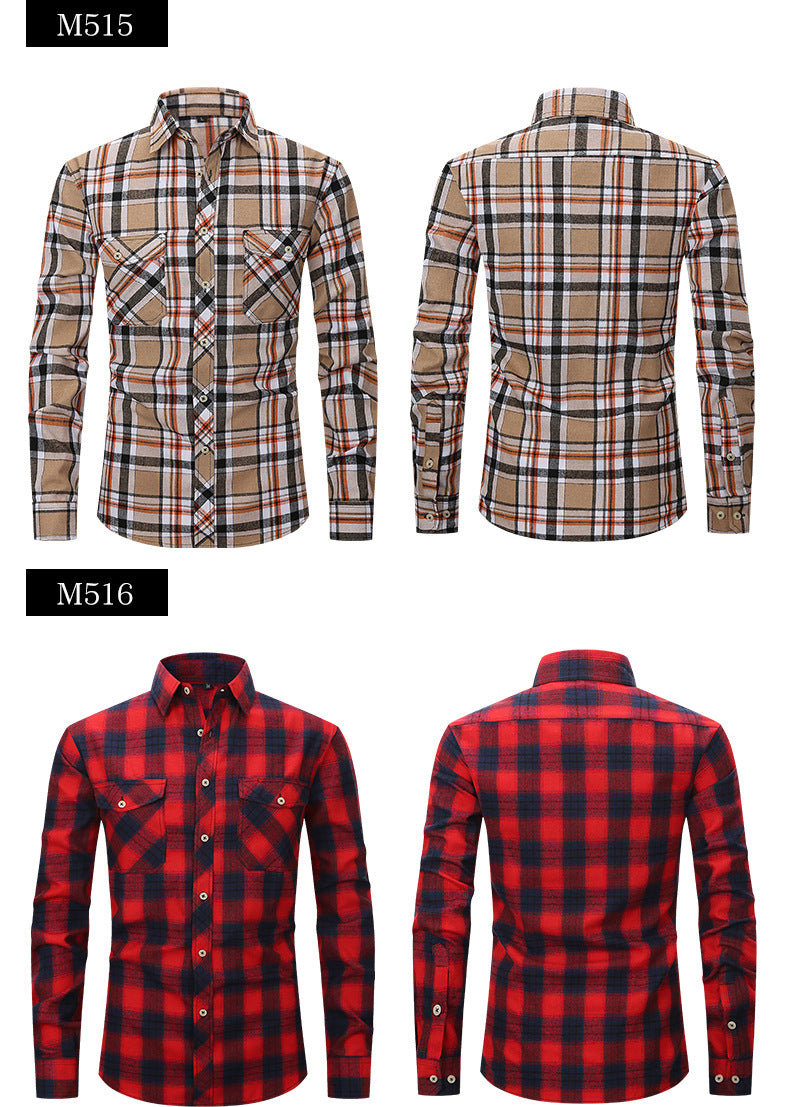 Men Slim Wear Plaid Premium Long Sleeve Double Pocket Flannel Foreign Trade Shirt | M501