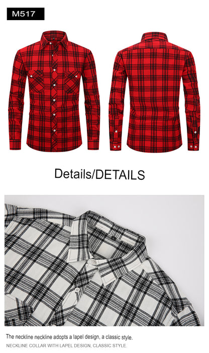 Men Slim Wear Plaid Premium Long Sleeve Double Pocket Flannel Foreign Trade Shirt | M501