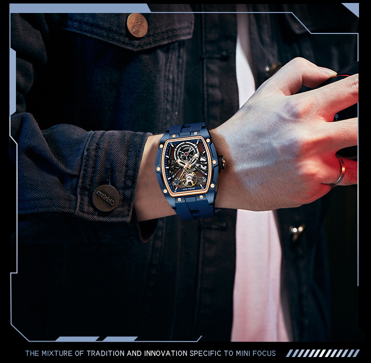 MINIFOCUS MF0603G Skeleton Automatic Watch for Men | Stainless Steel Barrel Case | Mechanical Wristwatch with Luminous Hands | MF0603G