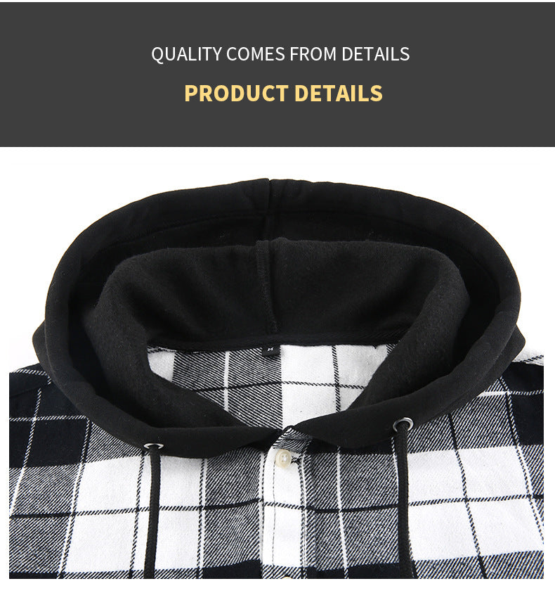 Chic Color Block Men's Plaid Pattern Hooded Long Sleeve Shirt Jacket With Drawstring And Pocket Spring Fall Outwear