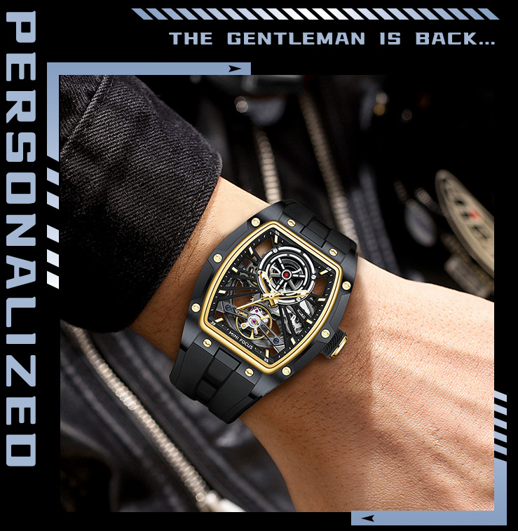 MINIFOCUS MF0603G Skeleton Automatic Watch for Men | Stainless Steel Barrel Case | Mechanical Wristwatch with Luminous Hands | MF0603G