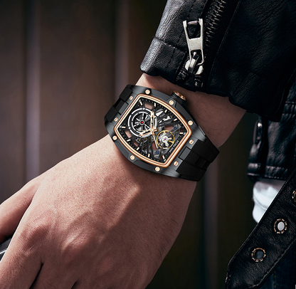 MINIFOCUS MF0603G Skeleton Automatic Watch for Men | Stainless Steel Barrel Case | Mechanical Wristwatch with Luminous Hands | MF0603G