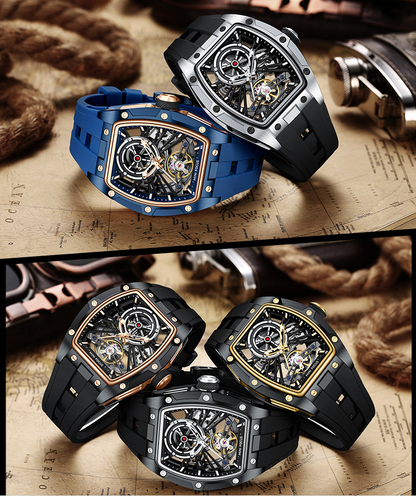 MINIFOCUS MF0603G Skeleton Automatic Watch for Men | Stainless Steel Barrel Case | Mechanical Wristwatch with Luminous Hands | MF0603G