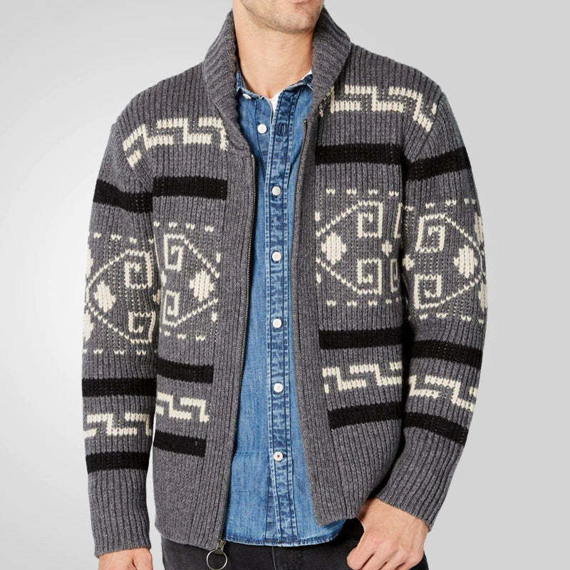 Stilvolle Slim Fit Jacquard-Strickjacke für Herren mit langen Ärmeln, lässiger Reverspullover | SY0013 