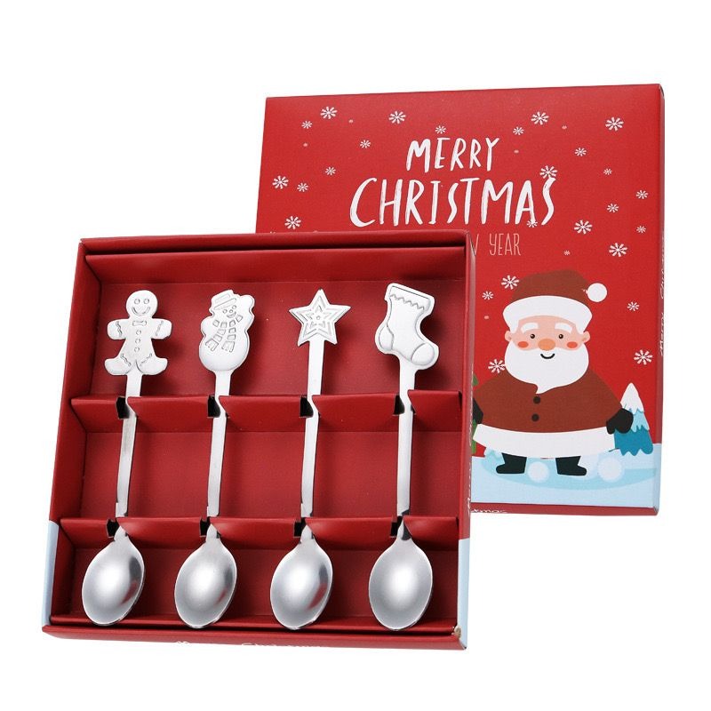 4PCS Christmas Stainless Steel Coffee & Dessert Spoons - Festive Tableware & Gift Set |