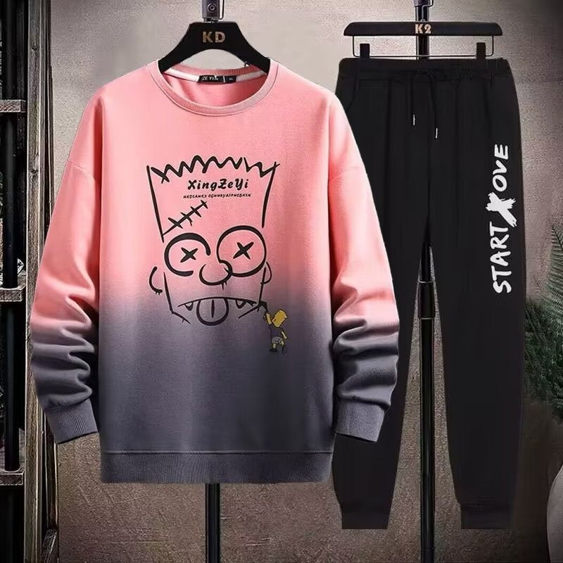2-teiliges Sweat-Set für Herren, Hose, lässiger Pullover, T-Shirt, Oberbekleidung, locker, All-Match, Farbverlauf, langärmelig, Studentenoberteile | W93 