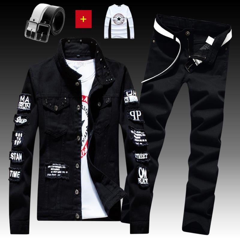 Herren Jeansjacke Jeanshose Buchstaben Druckhose 3-teiliges Set Casual Single Breasted 