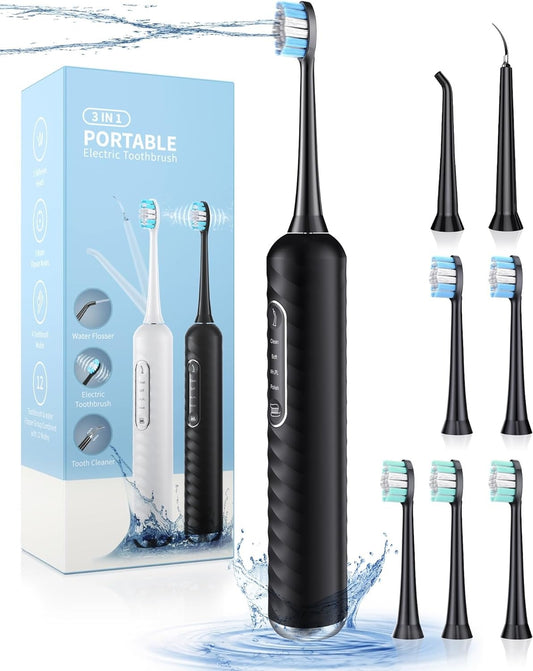 Brosse à dents électrique portable 3 en 1 Kit de nettoyage des dents avec 4 modes Brosse à dents électrique et fil dentaire combinés 