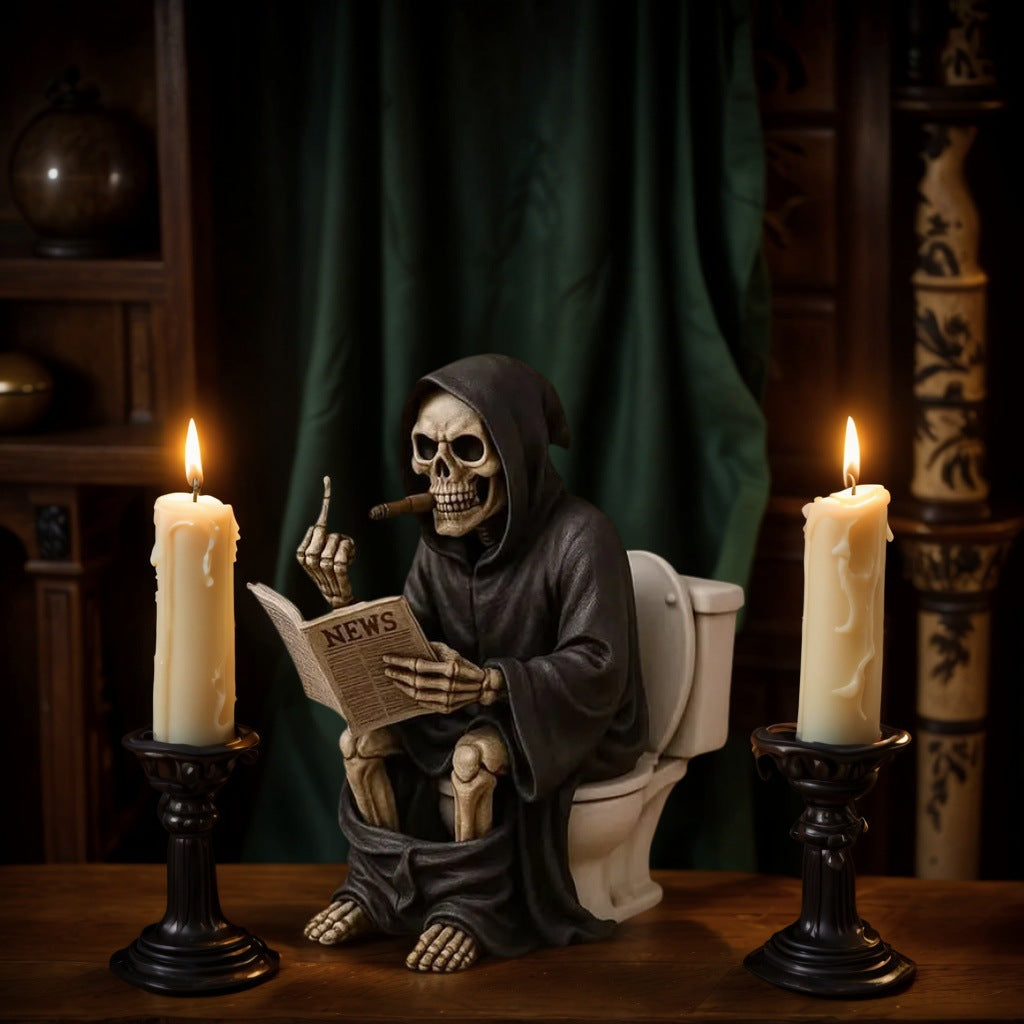 Flipping Grim Reaper Toilet Statue | Middle Finger Resin Sculpture for Halloween Décor | Funny Gothic Desk Ornament | 5622