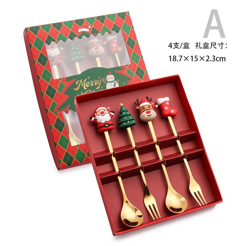 Golden Stainless Steel Cutlery Set - 4pcs Coffee Stir Spoon & Fork for Christmas & New Year Gifts|